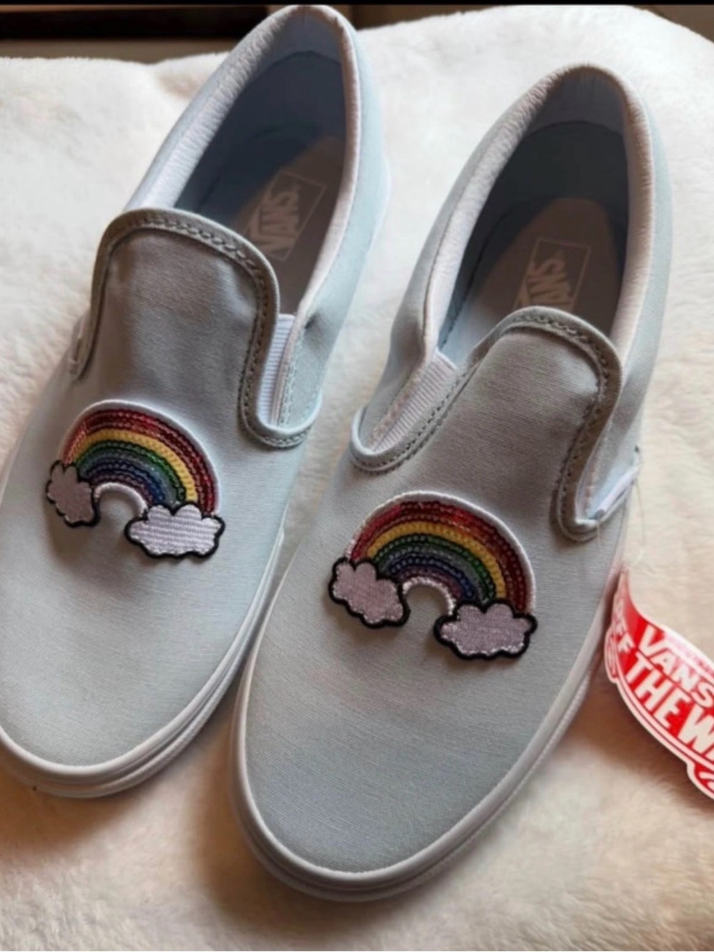 Light Blue Slip On Vans w/ Rainbow - Juniors 6.5/Womens 8.5